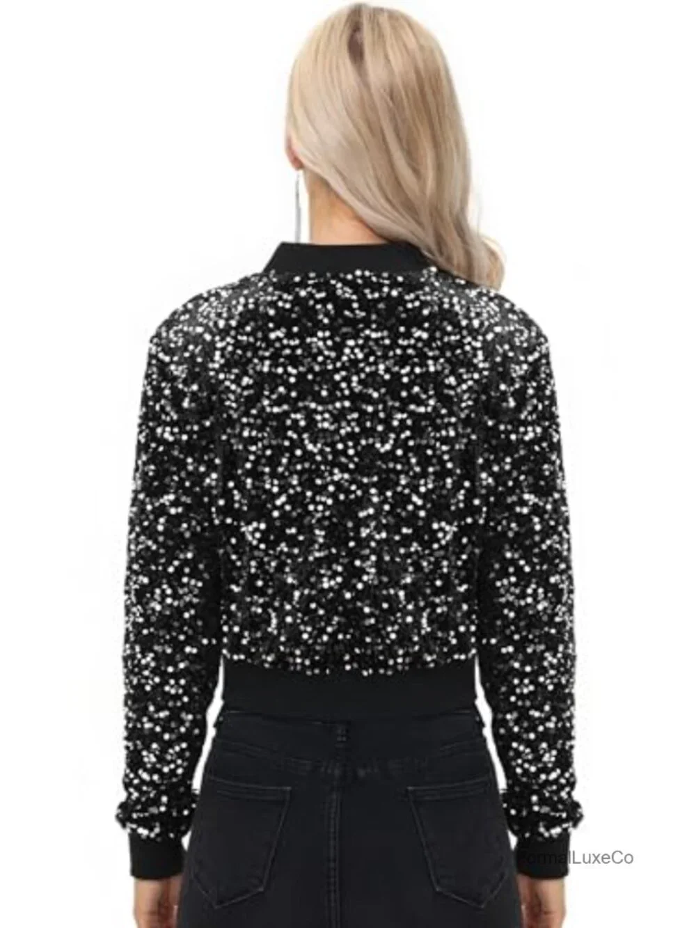 Cropped Sequin Bomber Jacket with Two-Way Zipper and Ribbed Trim